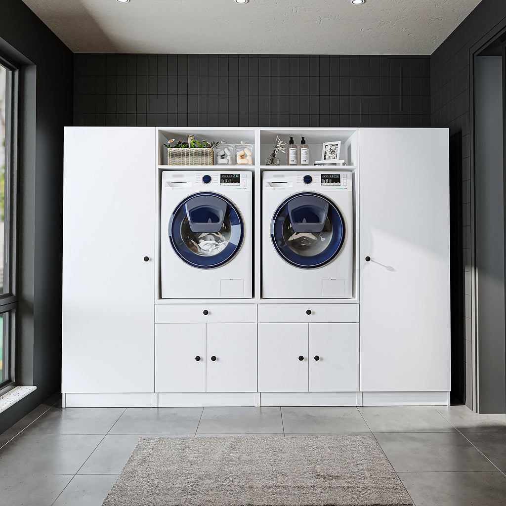 Roomart Schrankwand für Waschküche & Hauswirtschaftsraum – 254 cm breit – mit Ausziehbrett – in • Weiß •Eiche •Schwarz-Eiche - badezimmerschrank, waschbecken, badezimmermöbel, badschrank, badezimmer, mit, unterschrank, badmöbel, set, waschtisch, möbel, ba