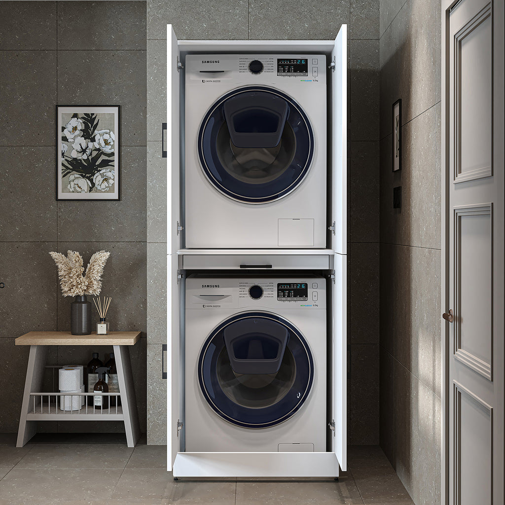 Roomart Waschmaschinenschrank " DORA " für Trockner & Waschmaschine, in 4 Farben, mit Türen & Ausziehbrett • Weiß • Weiß Eiche • Anthrazit Eiche • Eiche - waschmaschinenschrank, waschmaschinenregal, waschturm, schrank, weiß, waschmaschinen, unterschrank, 