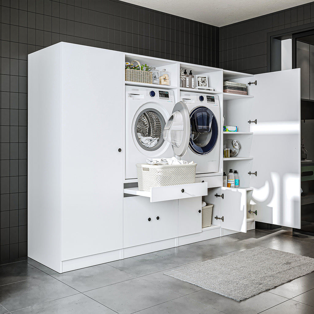Roomart Schrankwand für Waschküche & Hauswirtschaftsraum – 254 cm breit – mit Ausziehbrett – in • Weiß •Eiche •Schwarz-Eiche - badezimmerschrank, waschbecken, badezimmermöbel, badschrank, badezimmer, mit, unterschrank, badmöbel, set, waschtisch, möbel, ba