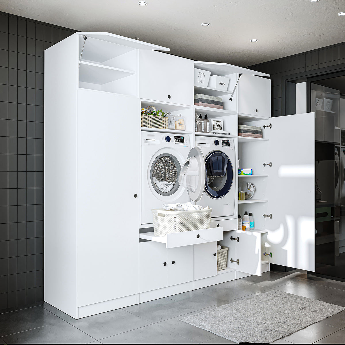 Roomart Schrankwand für Waschküche & Hauswirtschaftsraum – 254 cm breit – mit Ausziehbrett – in • Weiß •Eiche •Schwarz-Eiche - badezimmerschrank, waschbecken, badezimmermöbel, badschrank, badezimmer, mit, unterschrank, badmöbel, set, waschtisch, möbel, ba