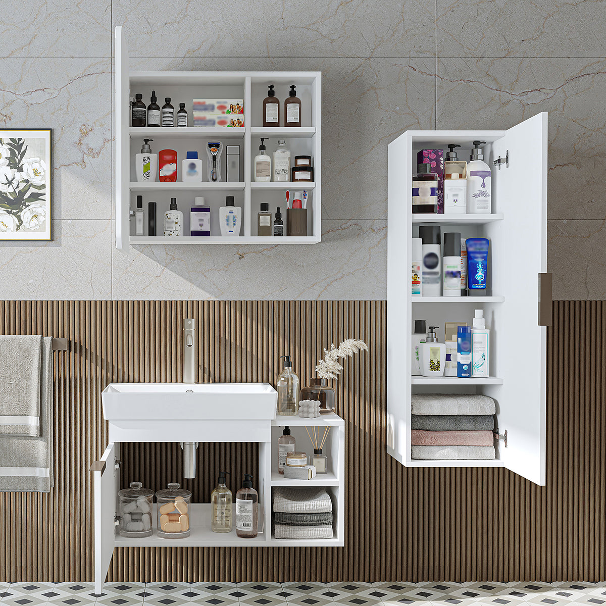 Roomart badkamermeubelset LYCIA 82 cm, 4-delig met spiegelkast en kolomkast, in 4 kleuren