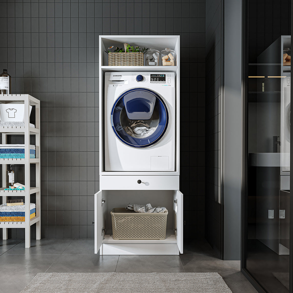 Roomart Waschmaschinenschrank mit Ausziehbrett • Weiß • Eiche • Schwarz eiche - waschmaschinenschrank, waschmaschinenregal, waschturm, schrank, weiß, waschmaschinen, unterschrank, waschmaschine, trockner, haushaltsschrank, schränke, badschrank, hochschran