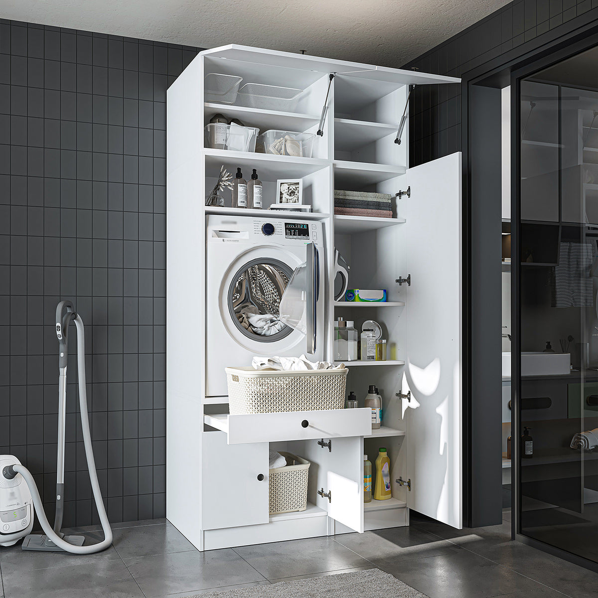 Roomart wasmachinekast SERIE 3, 112 cm, met hoge kast en uittrekbaar blad, in 3 kleuren