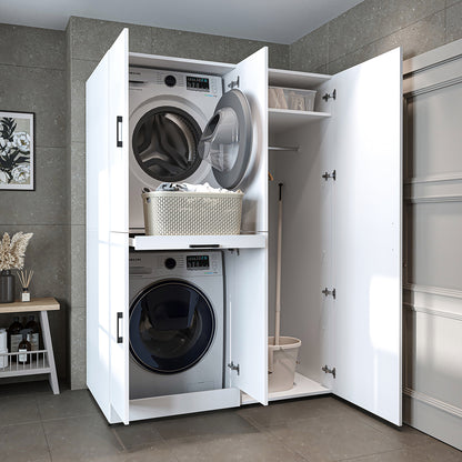 Roomart Waschmaschinenschrank " DORA SET" für Trockner & Waschmaschine, 130 cm breit, in 4 Farben, mit Türen & Ausziehbrett • Weiß • Weiß Eiche • Anthrazit Eiche • Eiche - waschmaschinenschrank, waschmaschinenregal, waschturm, schrank, weiß, waschmaschine