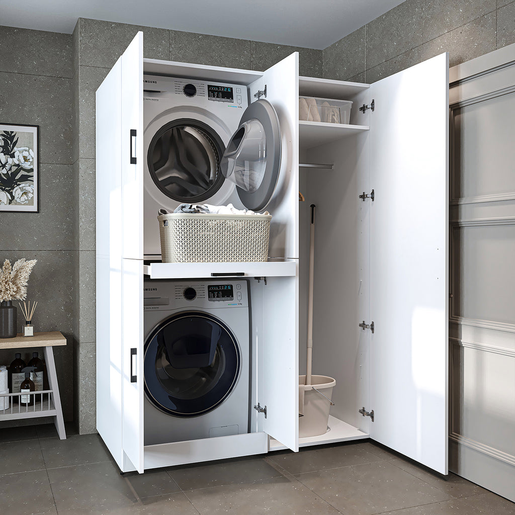 Roomart Waschmaschinenschrank " DORA SET" für Trockner & Waschmaschine, 130 cm breit, in 4 Farben, mit Türen & Ausziehbrett • Weiß • Weiß Eiche • Anthrazit Eiche • Eiche - waschmaschinenschrank, waschmaschinenregal, waschturm, schrank, weiß, waschmaschine