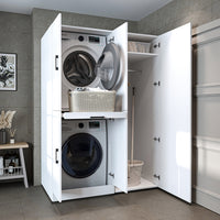 Roomart Waschmaschinenschrank " DORA SET" für Trockner & Waschmaschine, 130 cm breit, in 4 Farben, mit Türen & Ausziehbrett • Weiß • Weiß Eiche • Anthrazit Eiche • Eiche - waschmaschinenschrank, waschmaschinenregal, waschturm, schrank, weiß, waschmaschine