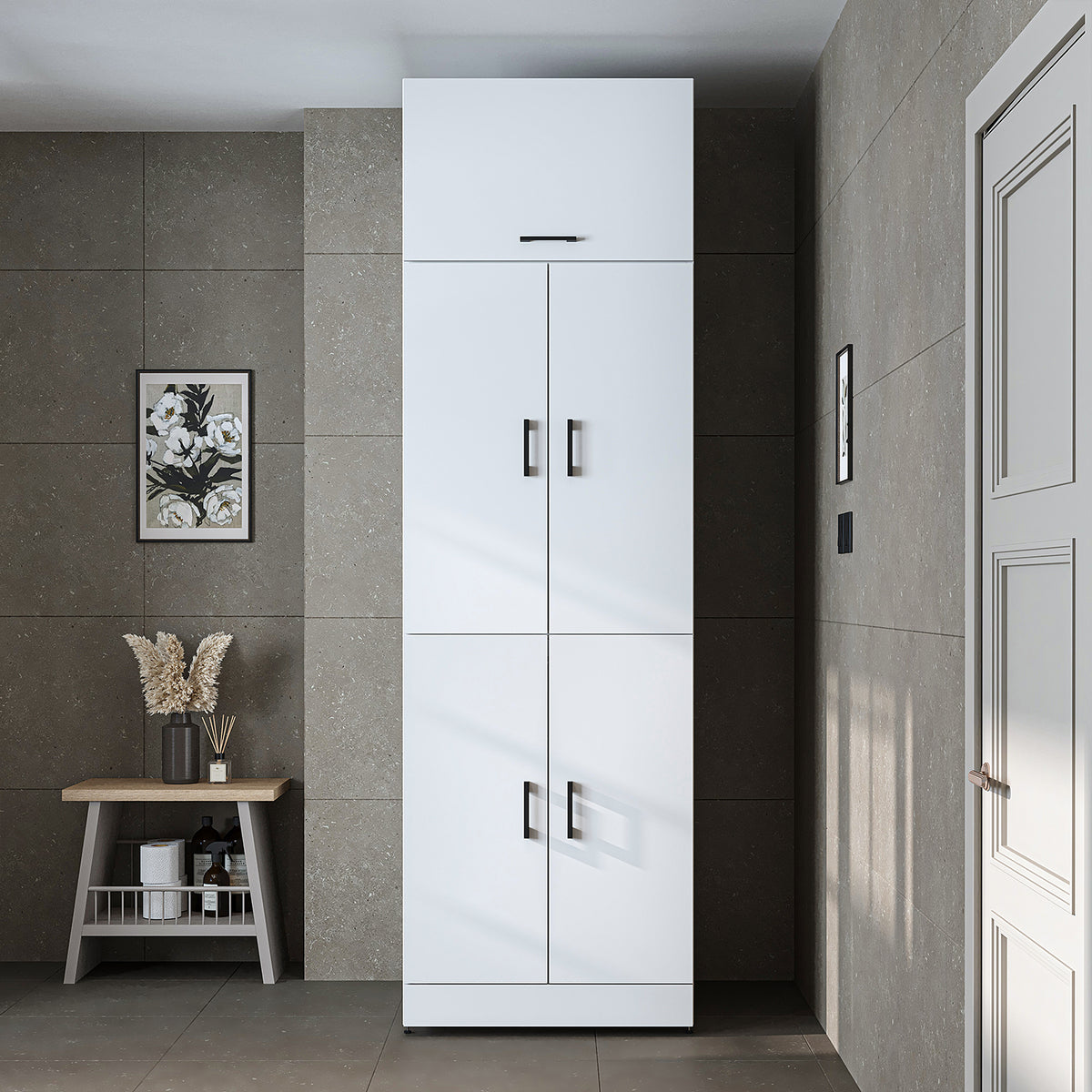 Roomart Waschmaschinenschrank " DORA " für Trockner & Waschmaschine, in 4 Farben, mit Türen & Ausziehbrett • Weiß • Weiß Eiche • Anthrazit Eiche • Eiche - waschmaschinenschrank, waschmaschinenregal, waschturm, schrank, weiß, waschmaschinen, unterschrank, 