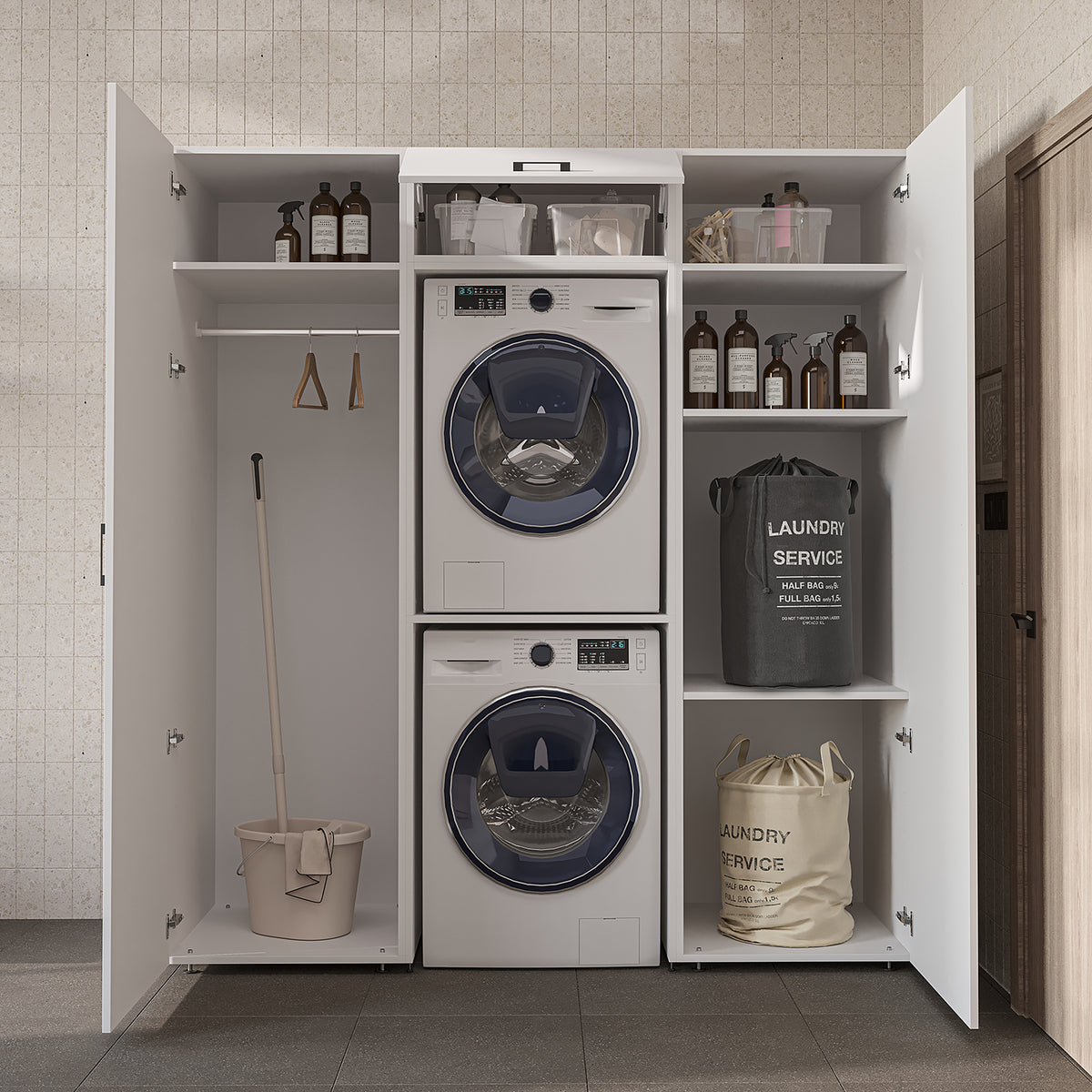 Roomart wandmeubel DUO-I, 187 cm, met 2 hoge kasten en bovenkast voor wasmachine & droger, in 2 kleuren