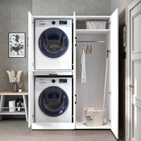 Roomart Waschmaschinenschrank " DORA SET" für Trockner & Waschmaschine, 130 cm breit, in 4 Farben, mit Türen & Ausziehbrett • Weiß • Weiß Eiche • Anthrazit Eiche • Eiche - waschmaschinenschrank, waschmaschinenregal, waschturm, schrank, weiß, waschmaschine