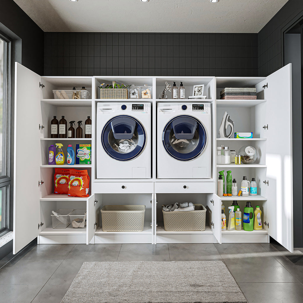 Roomart Schrankwand für Waschküche & Hauswirtschaftsraum – 254 cm breit – mit Ausziehbrett – in • Weiß •Eiche •Schwarz-Eiche - badezimmerschrank, waschbecken, badezimmermöbel, badschrank, badezimmer, mit, unterschrank, badmöbel, set, waschtisch, möbel, ba