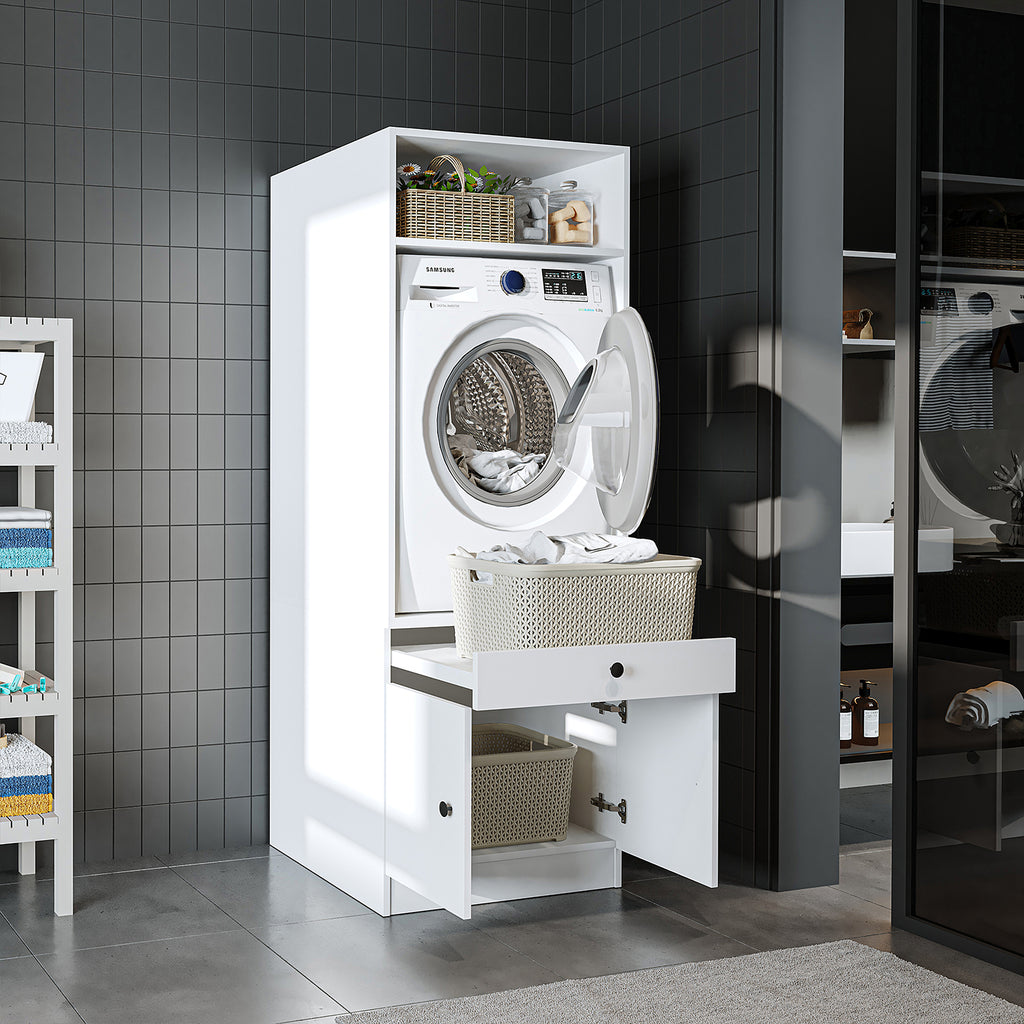 Roomart Waschmaschinenschrank mit Ausziehbrett • Weiß • Eiche • Schwarz eiche - waschmaschinenschrank, waschmaschinenregal, waschturm, schrank, weiß, waschmaschinen, unterschrank, waschmaschine, trockner, haushaltsschrank, schränke, badschrank, hochschran
