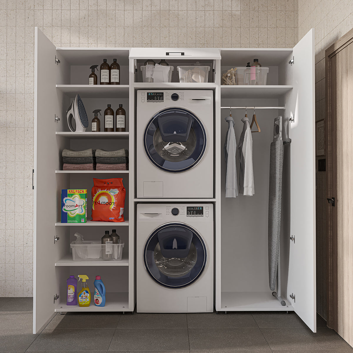 Roomart wandmeubel DUO-I, 187 cm, met 2 hoge kasten en bovenkast voor wasmachine & droger, in 2 kleuren