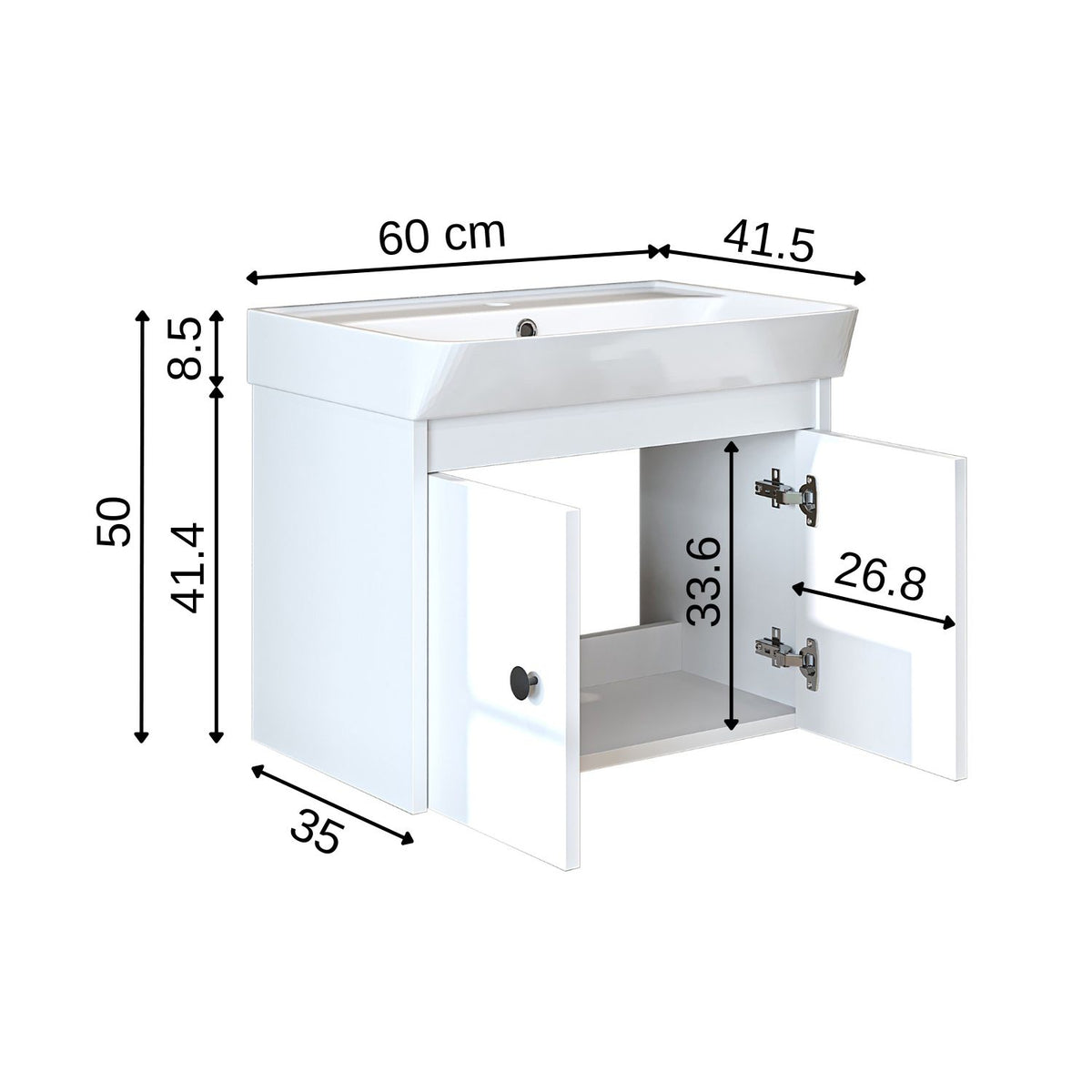 Roomart badmeubelset ADA, 60 cm, met keramische wastafel, in 6 kleuren