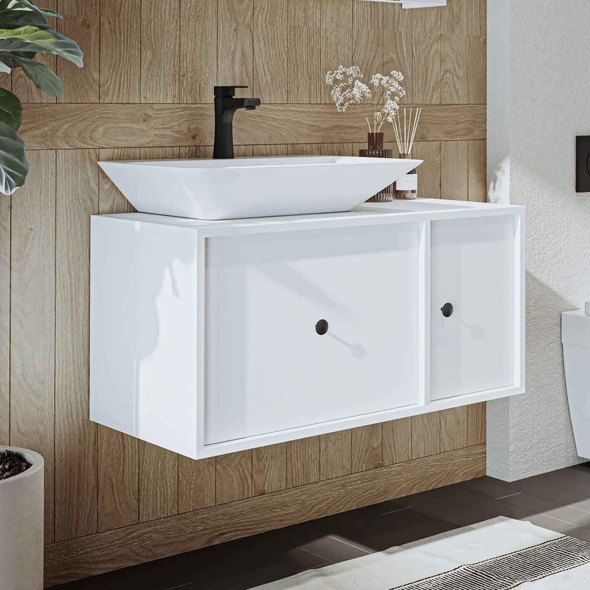 Roomart Badezimmermöbel GUSTO-ATL 90 cm – Keramik Waschbecken &/oder Unterschrank – Modernes Design – Varianten wählbar – Eiche oder Weiß - badezimmerschrank, waschbecken, badezimmermöbel, badschrank, badezimmer, mit, unterschrank, badmöbel, set, waschtis