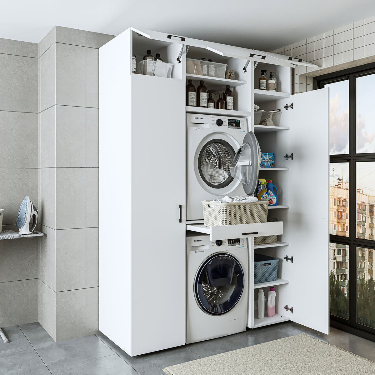 Roomart wasmachinekast 157 cm, voor 2 apparaten met 2 hoge kasten, in 3 kleuren