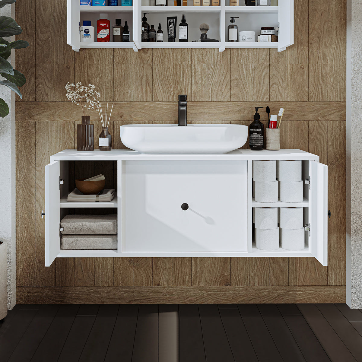 Roomart Badezimmermöbel GUSTO 120 cm – Keramik Waschbecken &/oder Unterschrank – Modernes Design – Varianten wählbar – Eiche oder Weiß badezimmerschrank, waschbecken, badezimmermöbel, badschrank, badezimmer, mit, unterschrank, badmöbel, set, waschtisch, m