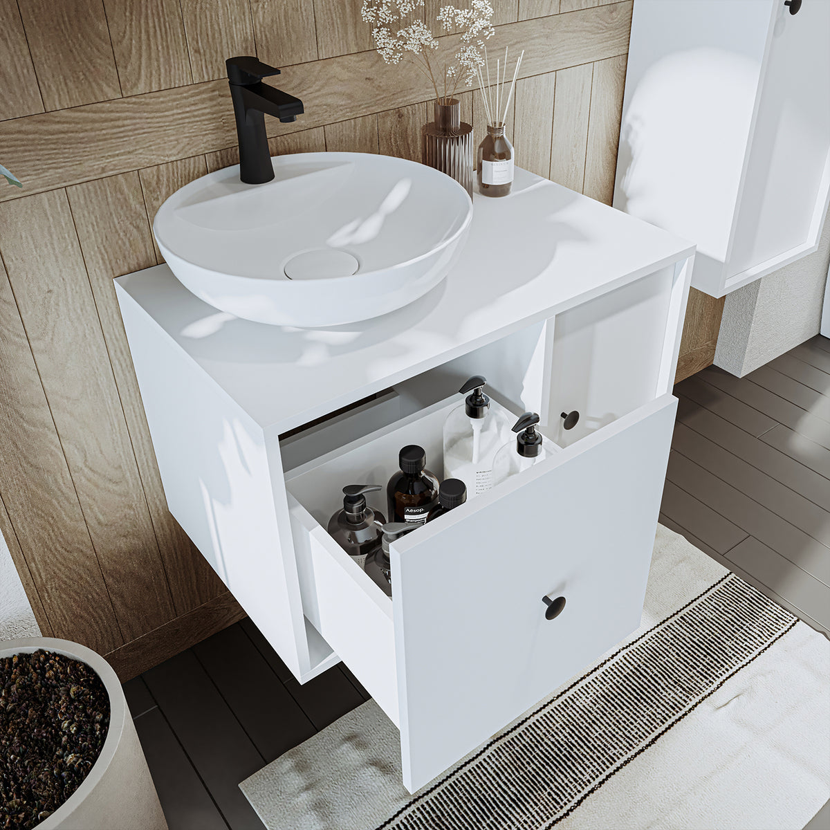 Roomart Badezimmermöbel GUSTO 75 cm – Keramik Waschbecken &/oder Unterschrank – Modernes Design – Varianten wählbar – Eiche oder Weiß - badezimmerschrank, waschbecken, badezimmermöbel, badschrank, badezimmer, mit, unterschrank, badmöbel, set, waschtisch, 