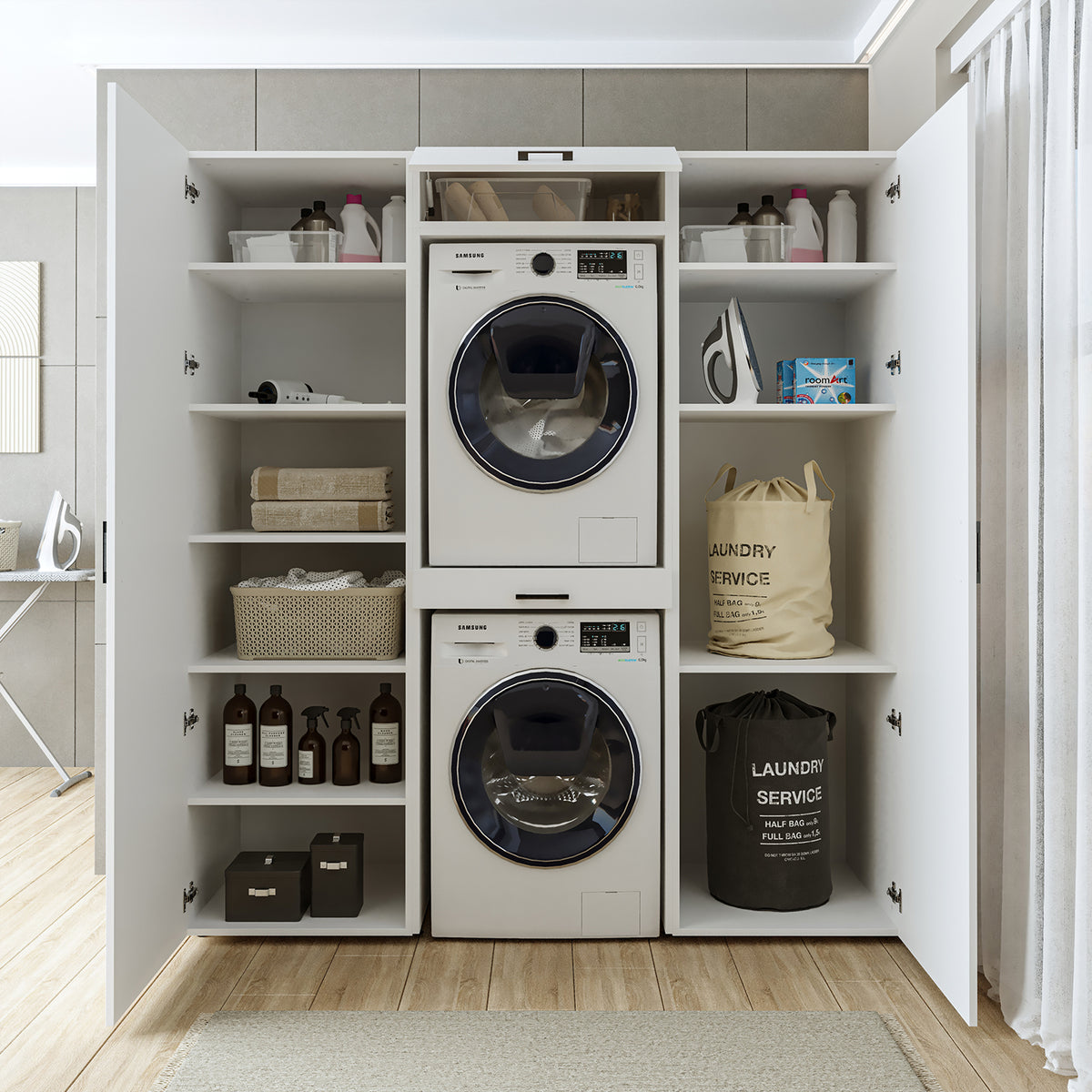 Roomart kastwand DUO-I, 187 cm, wasmachine en droger boven elkaar, in 3 kleuren