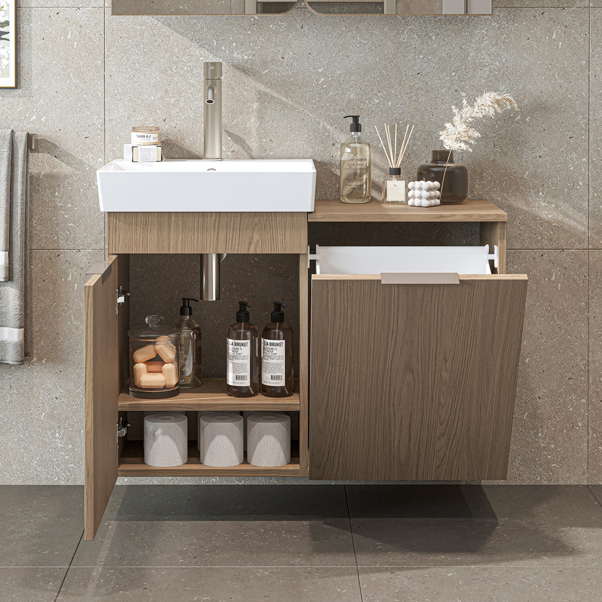 Roomart wastafelonderkast LYCIA, 49 cm, met wastafel en wasmand, in 4 kleuren