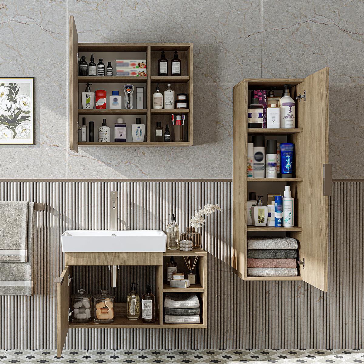 Roomart badkamermeubelset LYCIA 82 cm, 4-delig met spiegelkast en kolomkast, in 4 kleuren