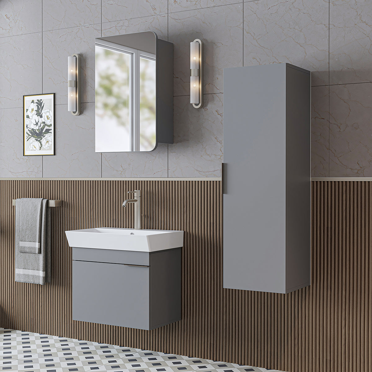 Roomart badkamermeubelset LYCIA 60 cm, 4-delig met spiegelkast en kolomkast, in 4 kleuren