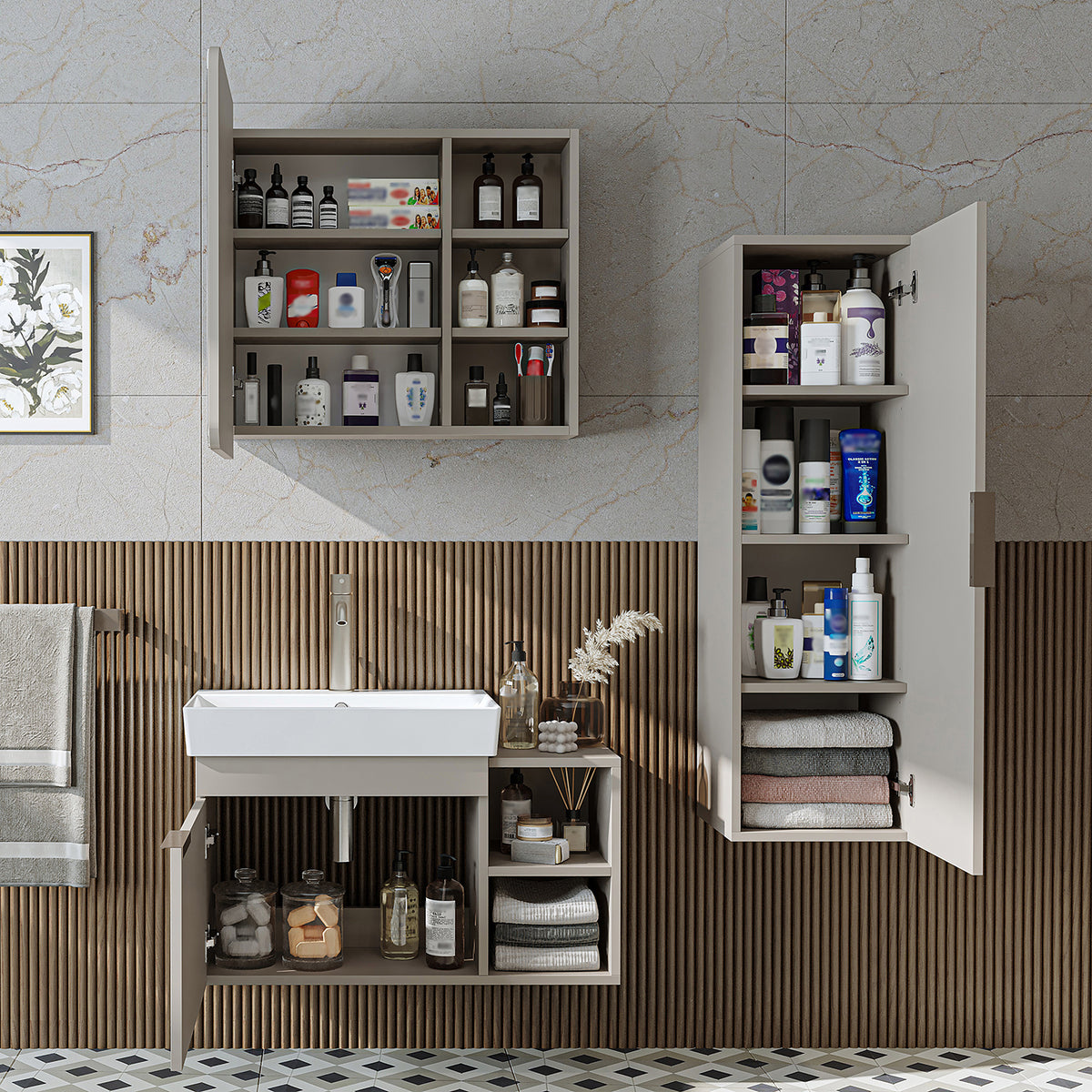 Roomart badkamermeubelset LYCIA 82 cm, 4-delig met spiegelkast en kolomkast, in 4 kleuren