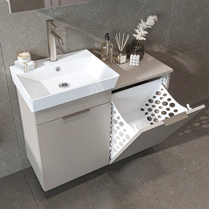 Waschtischunterschrank LYCIA in Beige mit Waschbecken und Wäschekorb