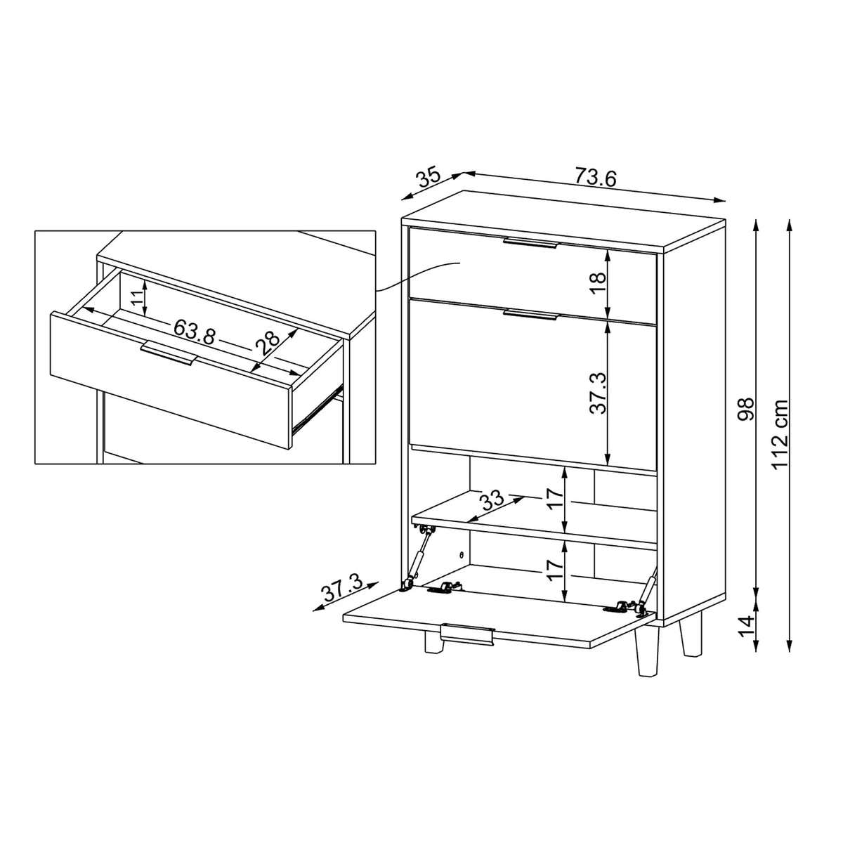 Technische Zeichnung Schuhschrank NORD 73,6 x 35 x 112 cm mit geöffneter Schuhklappe und Schublade