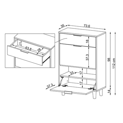 Technische Zeichnung Schuhschrank NORD 73,6 x 35 x 112 cm mit geöffneter Schuhklappe und Schublade