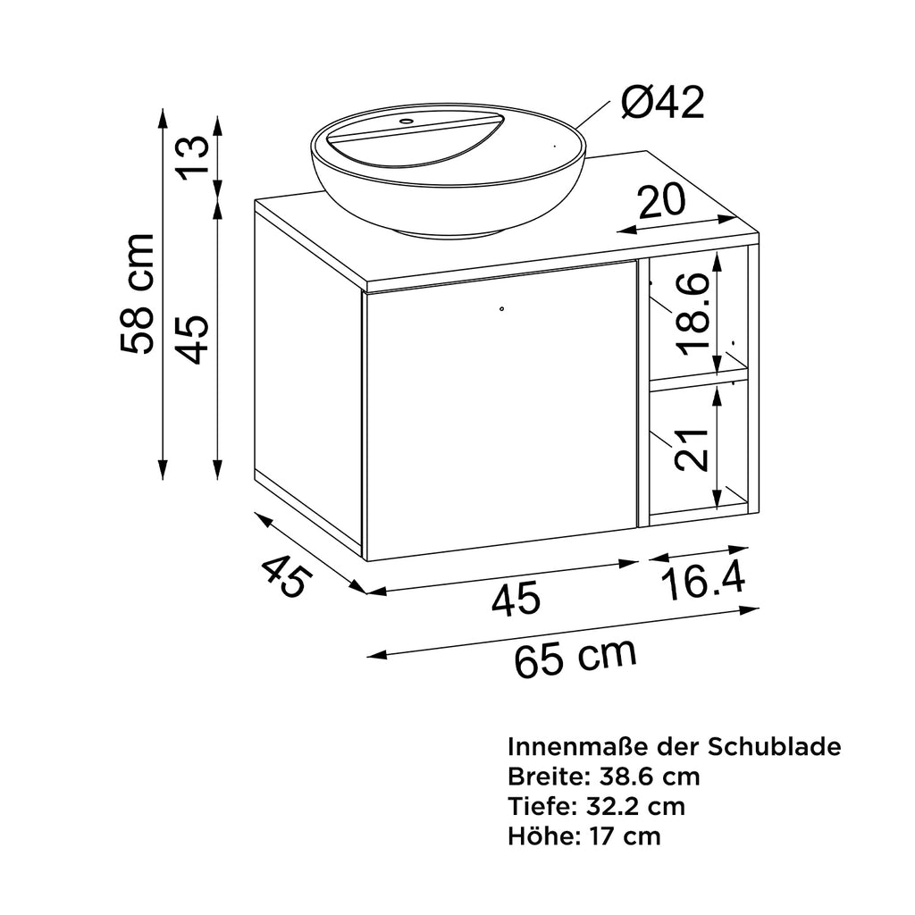 Roomart Badezimmermöbel LOTUS 65 cm – Keramik Waschbecken &/oder Unterschrank – Modernes Design – Varianten wählbar – Weiß-Eiche, Eiche oder Anthrazit-Eiche - badezimmerschrank, waschbecken, badezimmermöbel, badschrank, badezimmer, mit, unterschrank, badm