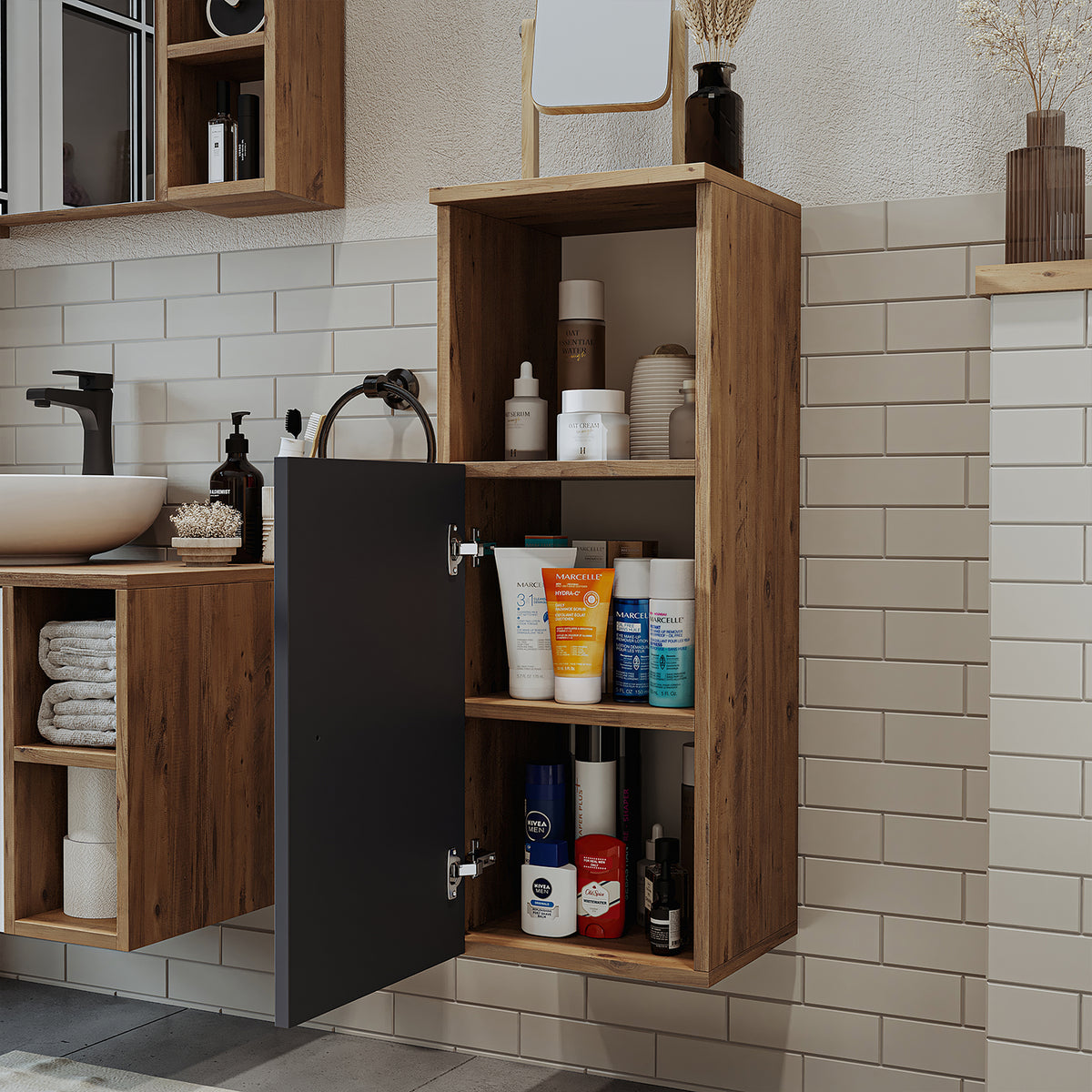 Roomart Seitenschrank „LOTUS“ – moderner Bad-Hängeschrank mit Softclose, 150 cm, 90 cm, 60 cm – in Anthrazit-Eiche, Eiche oder Weiß-Eiche -  Badmöbel - Hängeschrank, wand,  hochschrank, hochschrank weiß, 60 cm breit, küche, waschküche, wohnzimmer, schmal,
