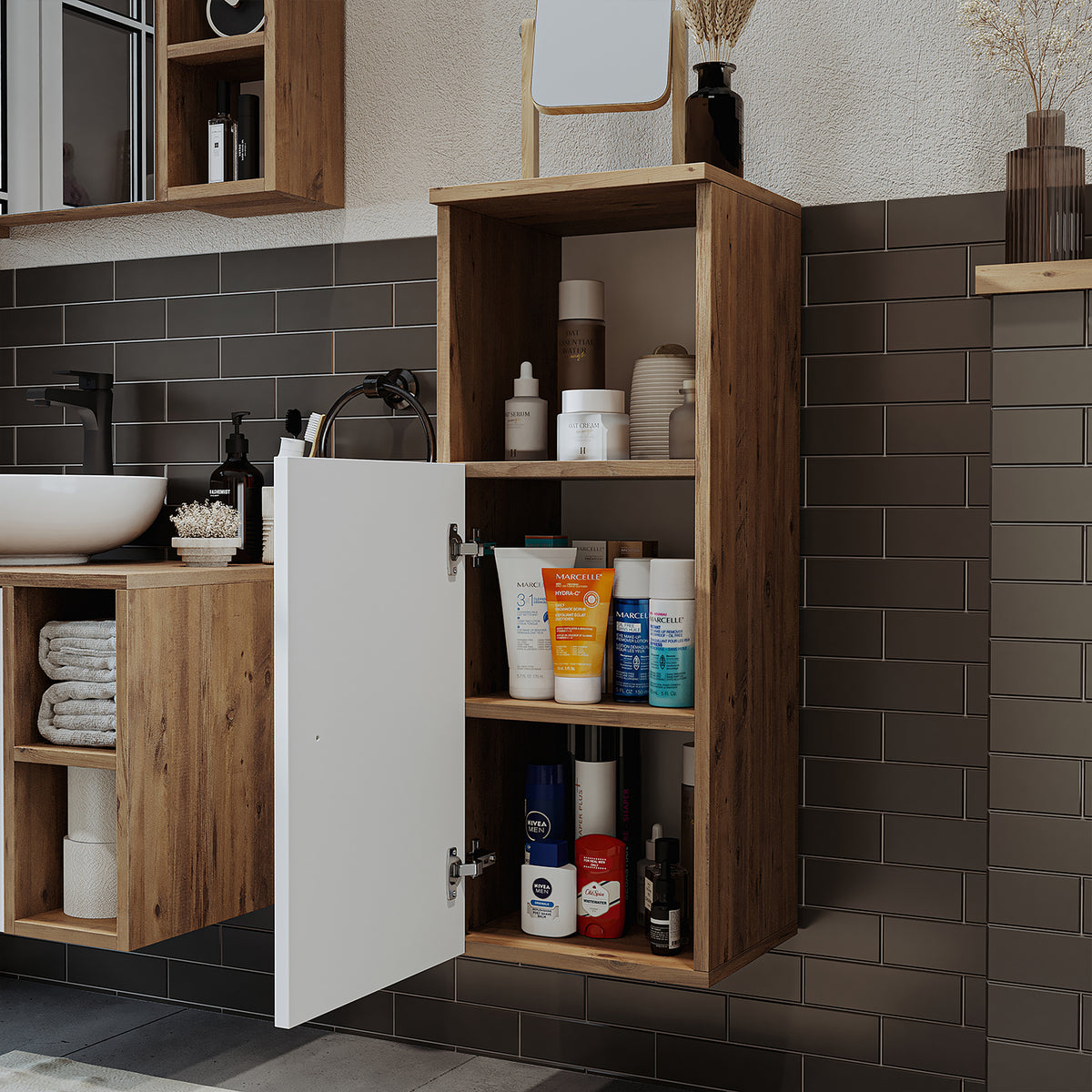 Roomart Seitenschrank „LOTUS“ – moderner Bad-Hängeschrank mit Softclose, 150 cm, 90 cm, 60 cm – in Anthrazit-Eiche, Eiche oder Weiß-Eiche -  Badmöbel - Hängeschrank, wand,  hochschrank, hochschrank weiß, 60 cm breit, küche, waschküche, wohnzimmer, schmal,