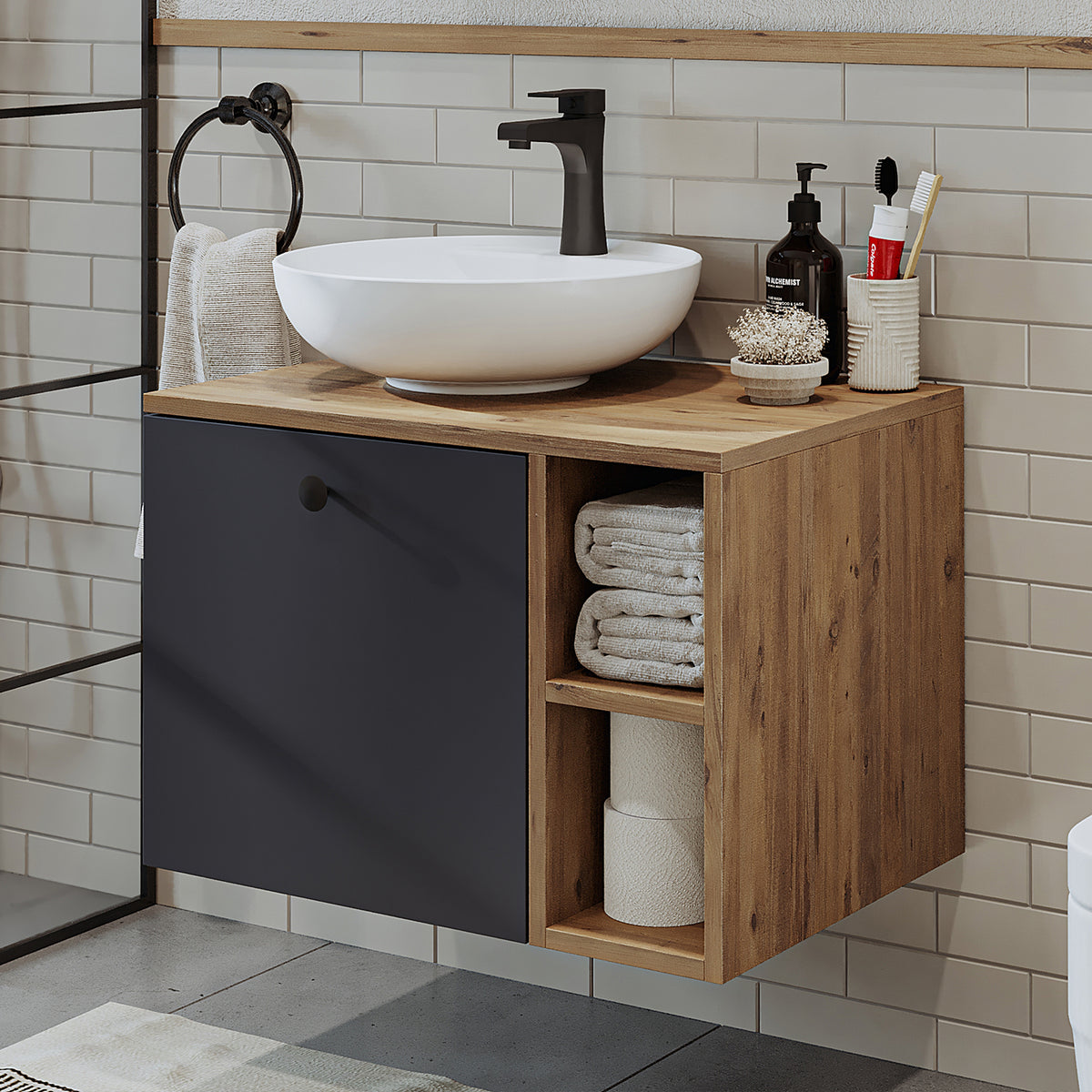 Roomart Badezimmermöbel LOTUS 65 cm – Keramik Waschbecken &/oder Unterschrank – Modernes Design – Varianten wählbar – Weiß-Eiche, Eiche oder Anthrazit-Eiche - badezimmerschrank, waschbecken, badezimmermöbel, badschrank, badezimmer, mit, unterschrank, badm