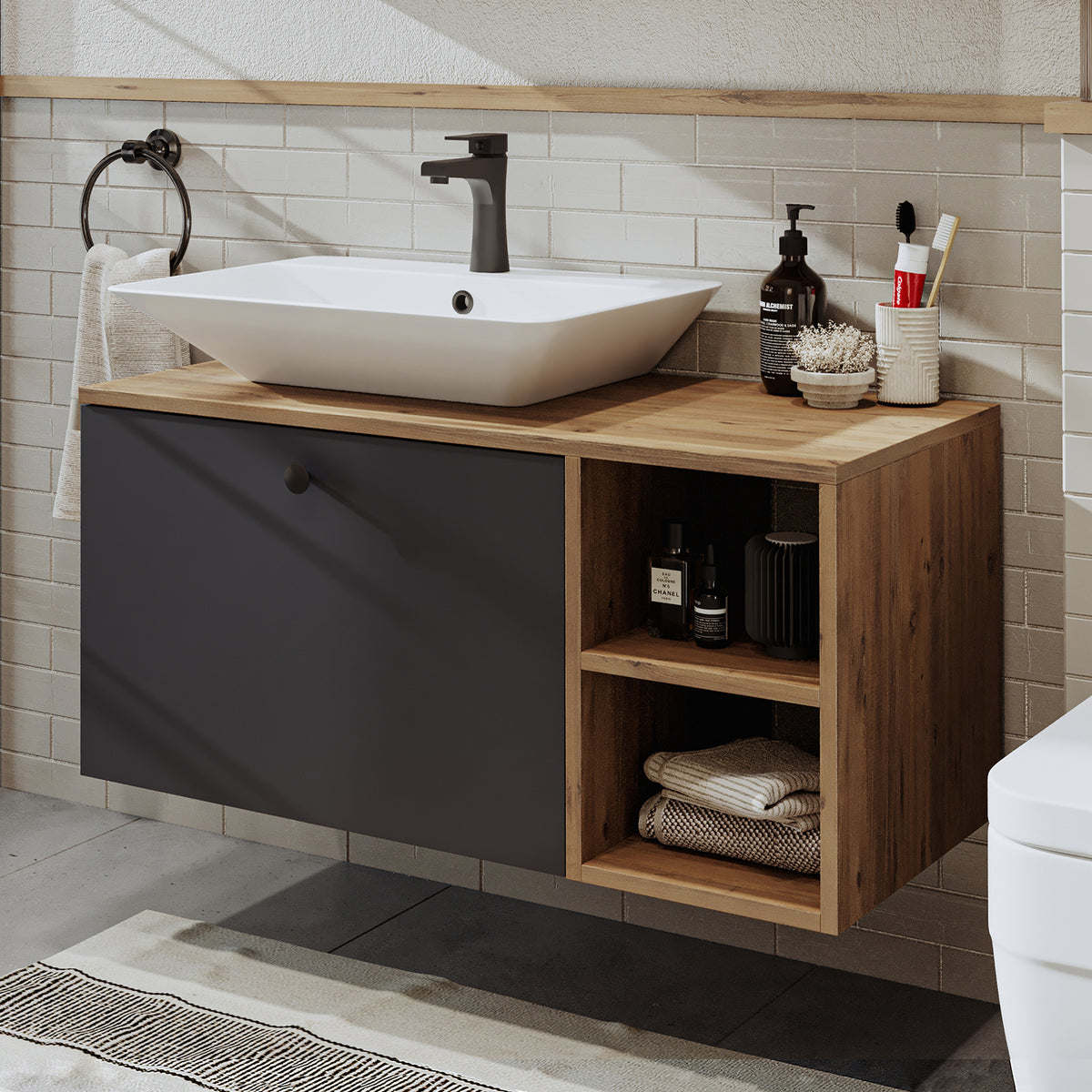 Roomart Badezimmermöbel LOTUS I - 95 cm – Keramik Waschbecken &/oder Unterschrank – Modernes Design – Varianten wählbar – Weiß-Eiche, Eiche oder Anthrazit-Eiche-badezimmerschrank, waschbecken, badezimmermöbel, badschrank, badezimmer, mit, unterschrank, ba