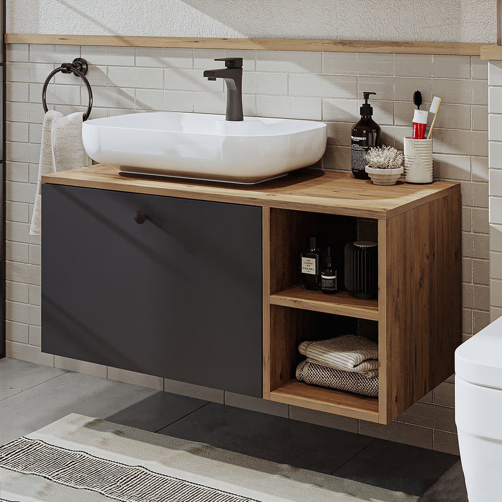 Roomart Badezimmermöbel LOTUS II- 95 cm – Keramik Waschbecken &/oder Unterschrank – Modernes Design – Varianten wählbar – Weiß-Eiche, Eiche oder Anthrazit-Eiche - badezimmerschrank, waschbecken, badezimmermöbel, badschrank, badezimmer, mit, unterschrank, 