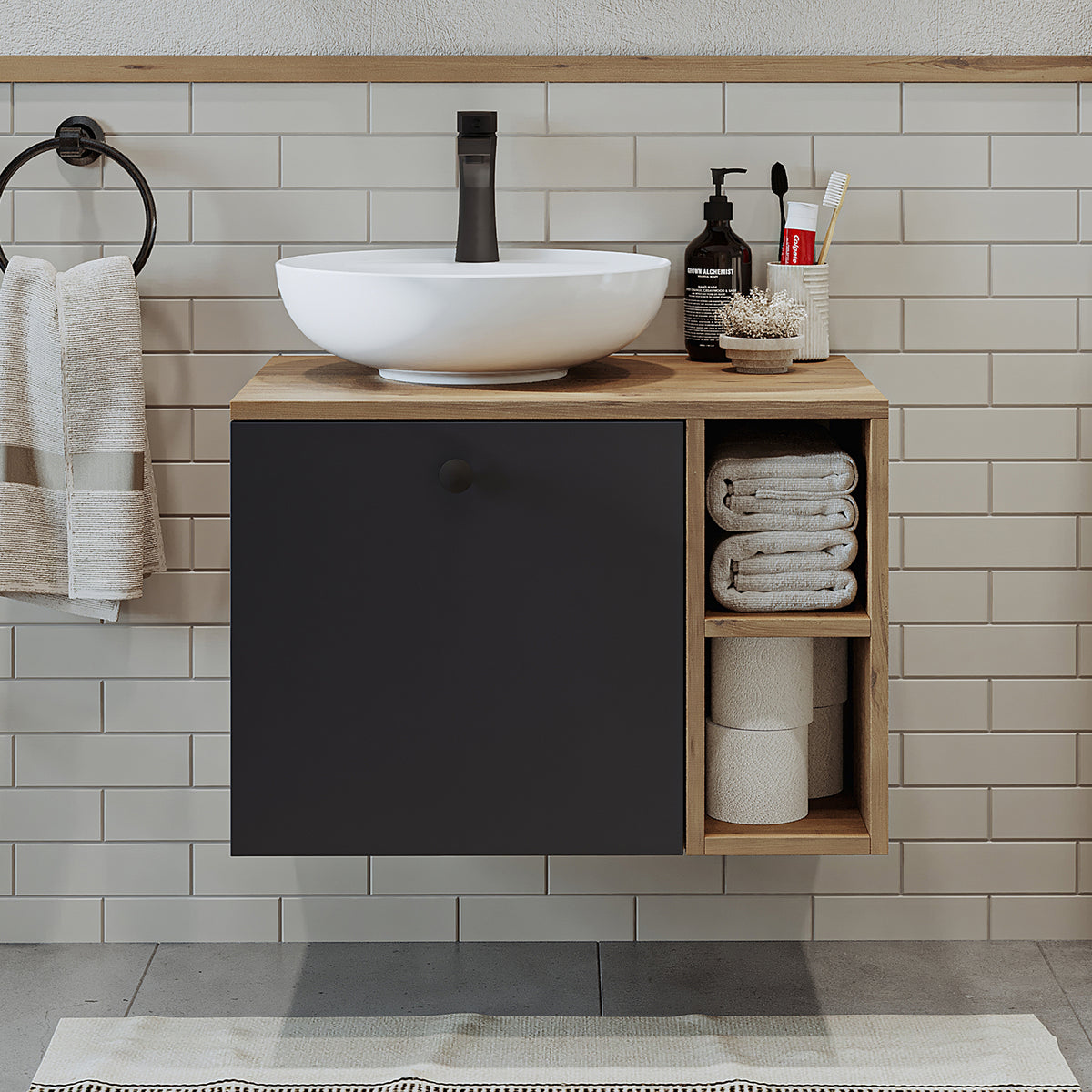 Roomart Badezimmermöbel LOTUS 65 cm – Keramik Waschbecken &/oder Unterschrank – Modernes Design – Varianten wählbar – Weiß-Eiche, Eiche oder Anthrazit-Eiche - badezimmerschrank, waschbecken, badezimmermöbel, badschrank, badezimmer, mit, unterschrank, badm
