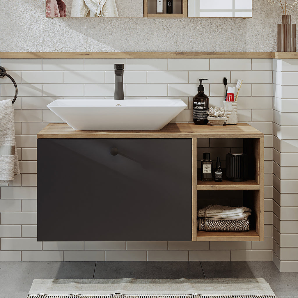 Roomart Badezimmermöbel LOTUS I - 95 cm – Keramik Waschbecken &/oder Unterschrank – Modernes Design – Varianten wählbar – Weiß-Eiche, Eiche oder Anthrazit-Eiche-badezimmerschrank, waschbecken, badezimmermöbel, badschrank, badezimmer, mit, unterschrank, ba