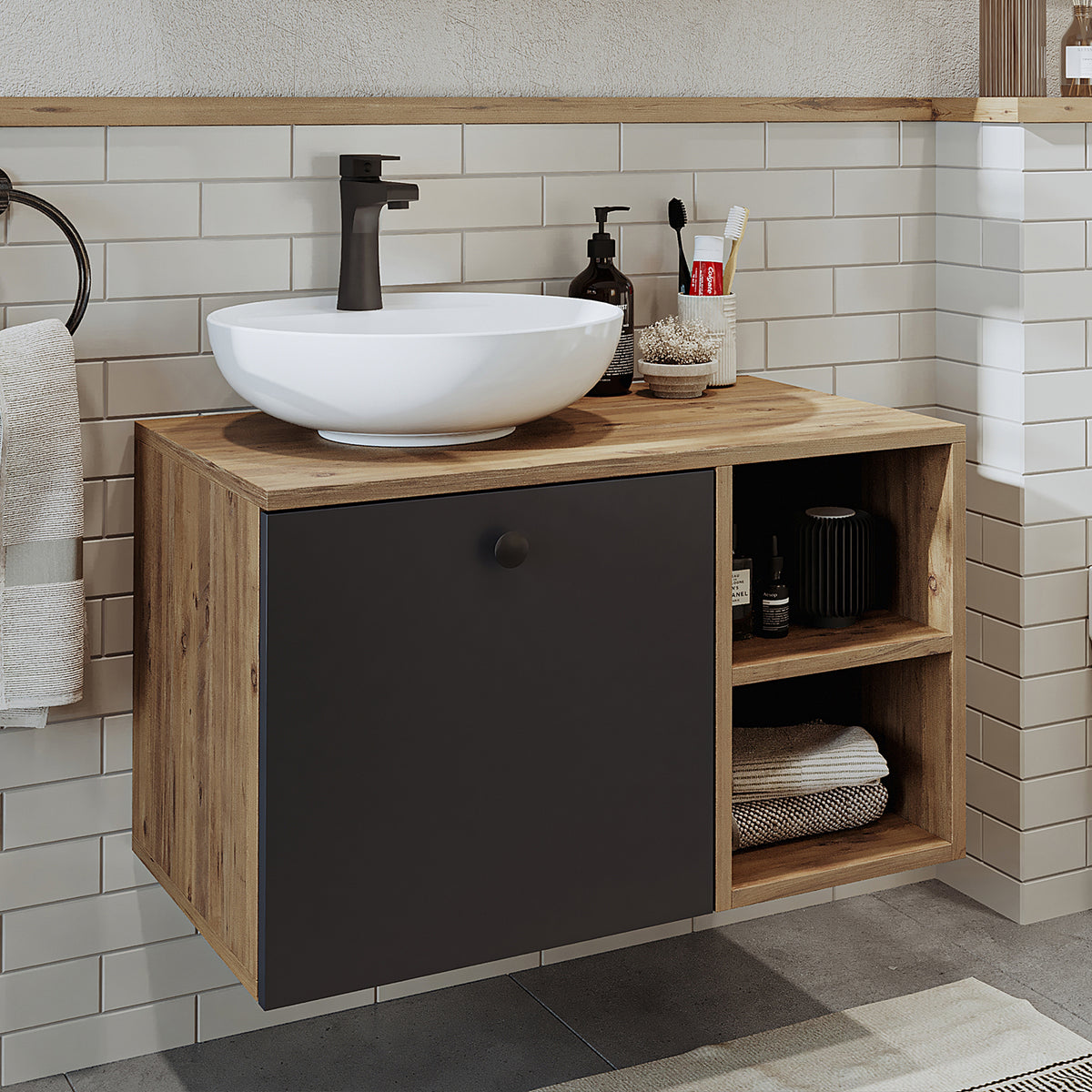 Roomart Badezimmermöbel LOTUS 75 cm – Keramik Waschbecken &/oder Unterschrank – Modernes Design – Varianten wählbar – Weiß-Eiche, Eiche oder Anthrazit-Eiche - badezimmerschrank, waschbecken, badezimmermöbel, badschrank, badezimmer, mit, unterschrank, badm