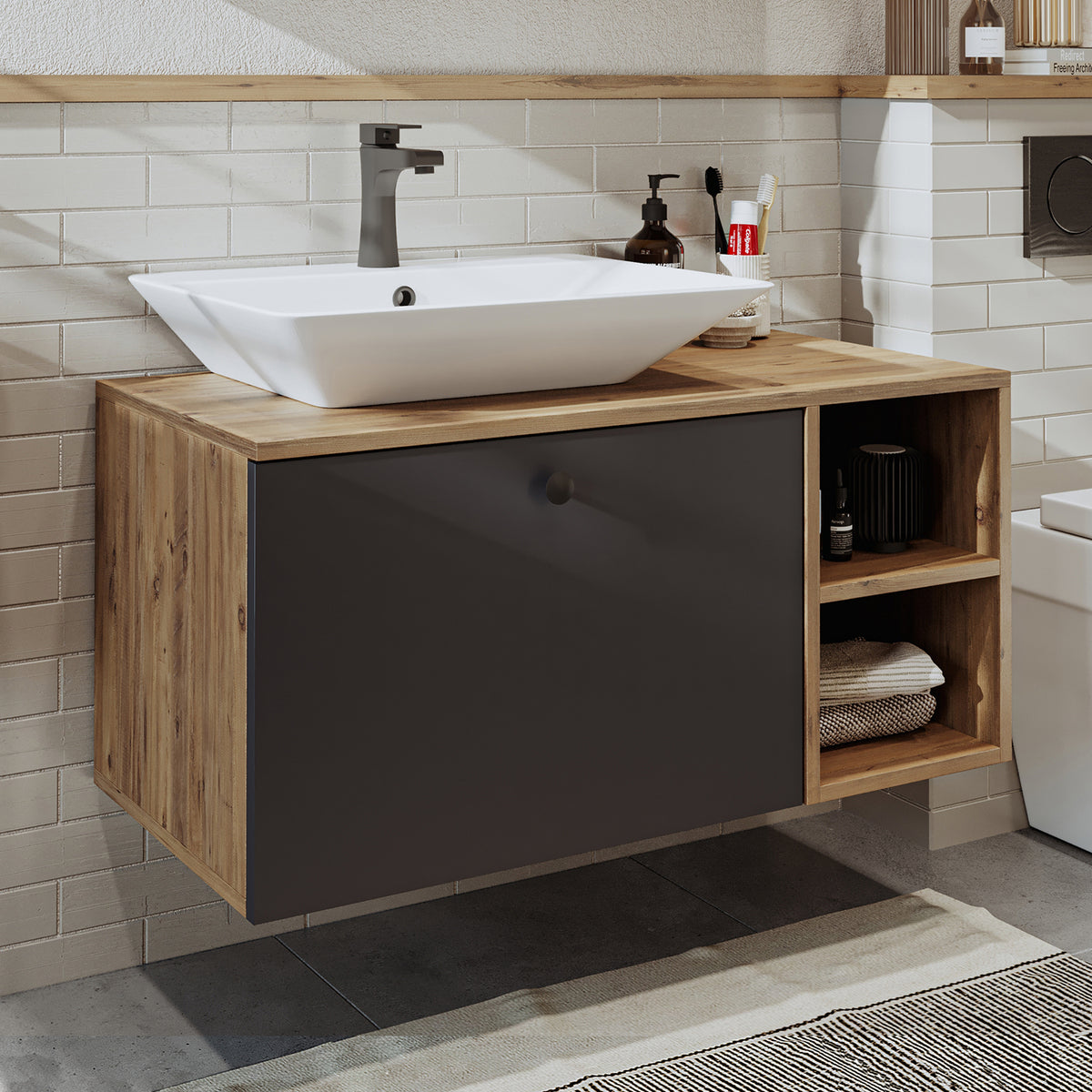 Roomart Badezimmermöbel LOTUS I - 95 cm – Keramik Waschbecken &/oder Unterschrank – Modernes Design – Varianten wählbar – Weiß-Eiche, Eiche oder Anthrazit-Eiche-badezimmerschrank, waschbecken, badezimmermöbel, badschrank, badezimmer, mit, unterschrank, ba