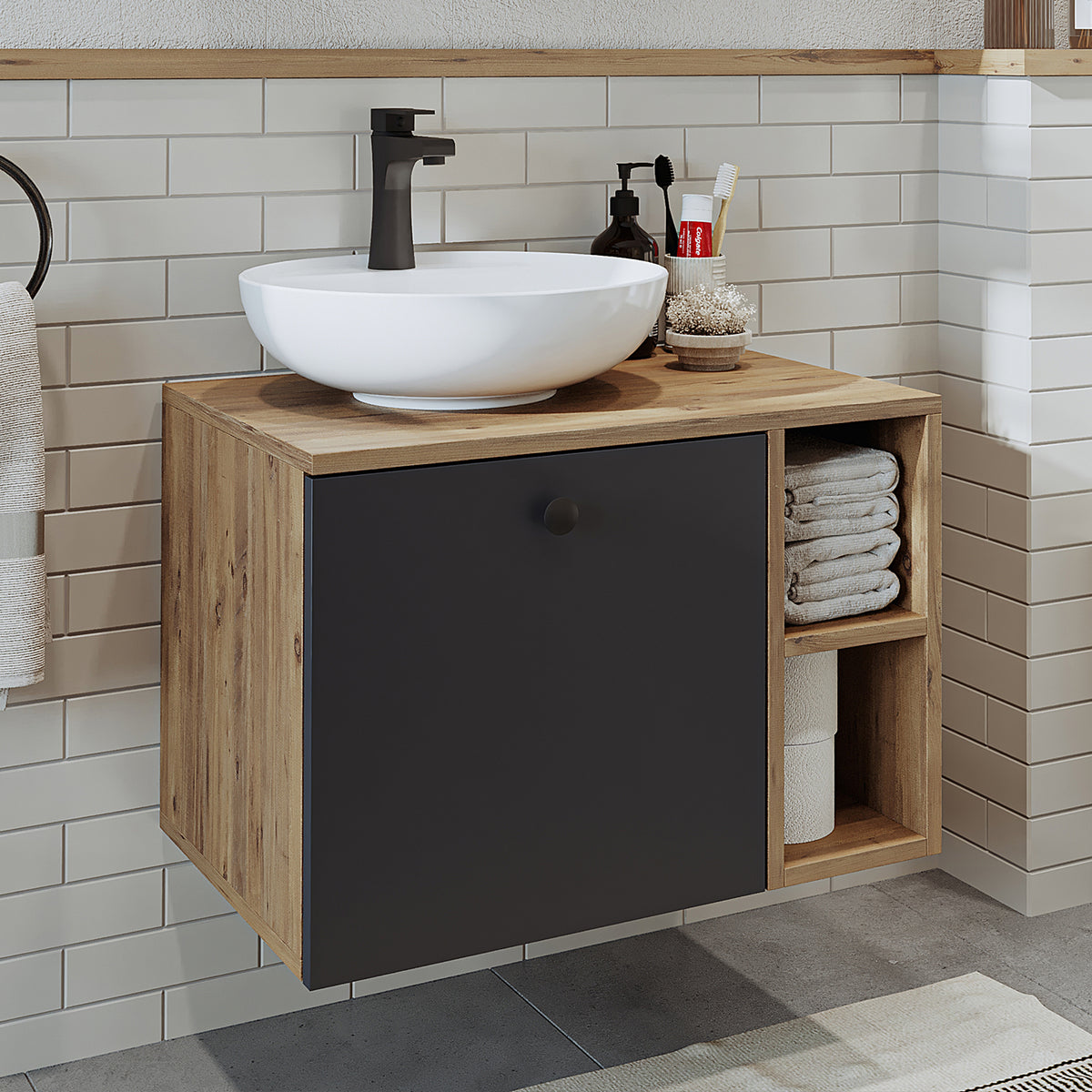 Roomart Badezimmermöbel LOTUS 65 cm – Keramik Waschbecken &/oder Unterschrank – Modernes Design – Varianten wählbar – Weiß-Eiche, Eiche oder Anthrazit-Eiche - badezimmerschrank, waschbecken, badezimmermöbel, badschrank, badezimmer, mit, unterschrank, badm