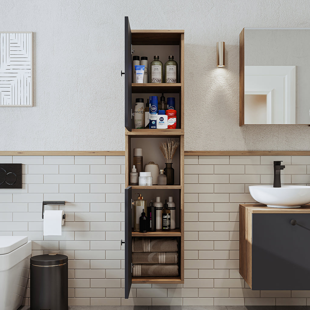 Roomart Seitenschrank „LOTUS“ – moderner Bad-Hängeschrank mit Softclose, 150 cm, 90 cm, 60 cm – in Anthrazit-Eiche, Eiche oder Weiß-Eiche -  Badmöbel - Hängeschrank, wand,  hochschrank, hochschrank weiß, 60 cm breit, küche, waschküche, wohnzimmer, schmal,