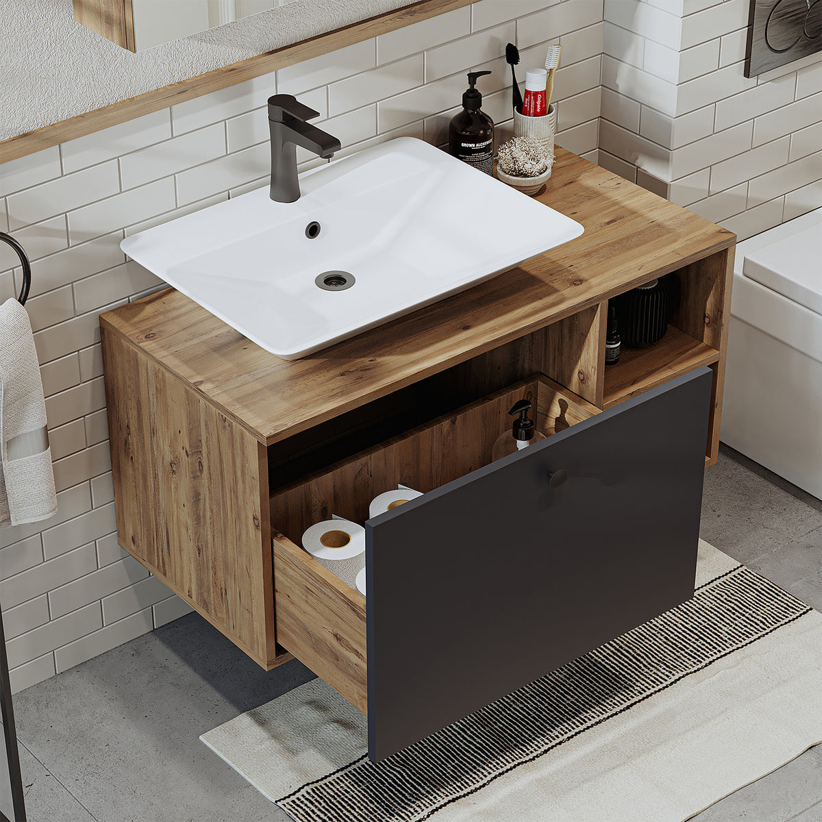 Roomart Badezimmermöbel LOTUS I - 95 cm – Keramik Waschbecken &/oder Unterschrank – Modernes Design – Varianten wählbar – Weiß-Eiche, Eiche oder Anthrazit-Eiche-badezimmerschrank, waschbecken, badezimmermöbel, badschrank, badezimmer, mit, unterschrank, ba