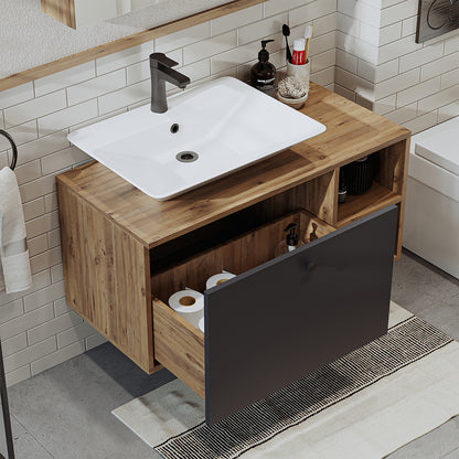 Roomart Badezimmermöbel LOTUS I - 95 cm – Keramik Waschbecken &/oder Unterschrank – Modernes Design – Varianten wählbar – Weiß-Eiche, Eiche oder Anthrazit-Eiche-badezimmerschrank, waschbecken, badezimmermöbel, badschrank, badezimmer, mit, unterschrank, ba