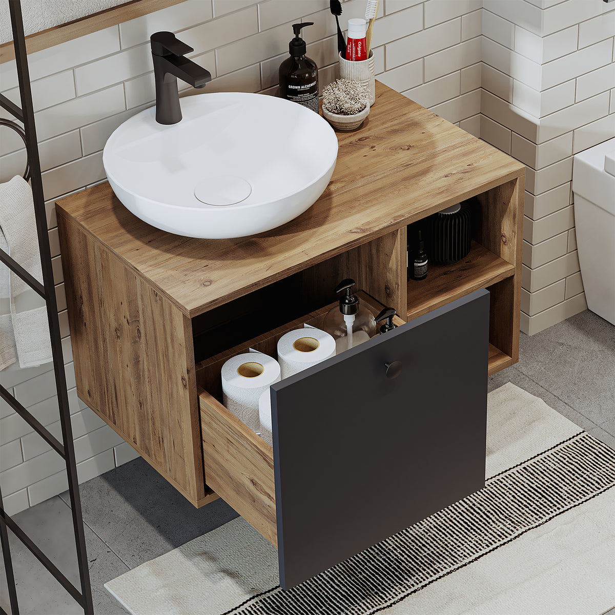 Roomart Badezimmermöbel LOTUS 75 cm – Keramik Waschbecken &/oder Unterschrank – Modernes Design – Varianten wählbar – Weiß-Eiche, Eiche oder Anthrazit-Eiche - badezimmerschrank, waschbecken, badezimmermöbel, badschrank, badezimmer, mit, unterschrank, badm
