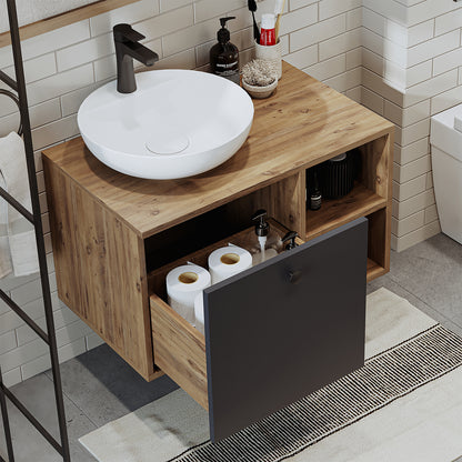 Roomart Badezimmermöbel LOTUS 75 cm – Keramik Waschbecken &/oder Unterschrank – Modernes Design – Varianten wählbar – Weiß-Eiche, Eiche oder Anthrazit-Eiche - badezimmerschrank, waschbecken, badezimmermöbel, badschrank, badezimmer, mit, unterschrank, badm