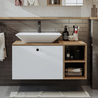 Roomart Badezimmermöbel LOTUS I - 95 cm – Keramik Waschbecken &/oder Unterschrank – Modernes Design – Varianten wählbar – Weiß-Eiche, Eiche oder Anthrazit-Eiche-badezimmerschrank, waschbecken, badezimmermöbel, badschrank, badezimmer, mit, unterschrank, ba