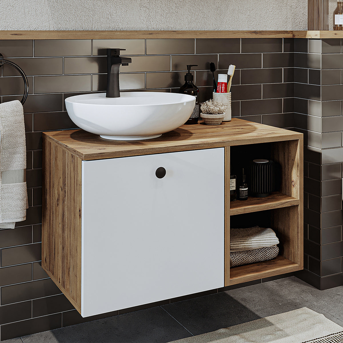Roomart Badezimmermöbel LOTUS 75 cm – Keramik Waschbecken &/oder Unterschrank – Modernes Design – Varianten wählbar – Weiß-Eiche, Eiche oder Anthrazit-Eiche - badezimmerschrank, waschbecken, badezimmermöbel, badschrank, badezimmer, mit, unterschrank, badm