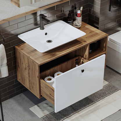 Roomart Badezimmermöbel LOTUS I - 95 cm – Keramik Waschbecken &/oder Unterschrank – Modernes Design – Varianten wählbar – Weiß-Eiche, Eiche oder Anthrazit-Eiche-badezimmerschrank, waschbecken, badezimmermöbel, badschrank, badezimmer, mit, unterschrank, ba