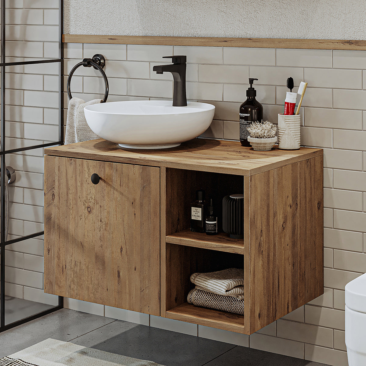 Roomart Badezimmermöbel LOTUS 75 cm – Keramik Waschbecken &/oder Unterschrank – Modernes Design – Varianten wählbar – Weiß-Eiche, Eiche oder Anthrazit-Eiche - badezimmerschrank, waschbecken, badezimmermöbel, badschrank, badezimmer, mit, unterschrank, badm