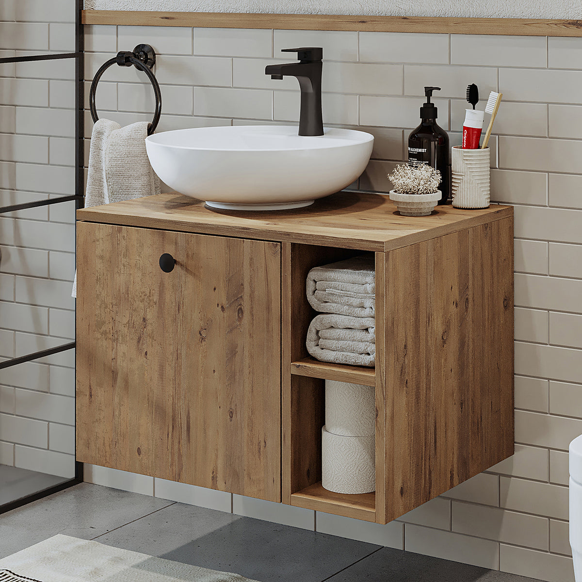 Roomart Badezimmermöbel LOTUS 65 cm – Keramik Waschbecken &/oder Unterschrank – Modernes Design – Varianten wählbar – Weiß-Eiche, Eiche oder Anthrazit-Eiche - badezimmerschrank, waschbecken, badezimmermöbel, badschrank, badezimmer, mit, unterschrank, badm